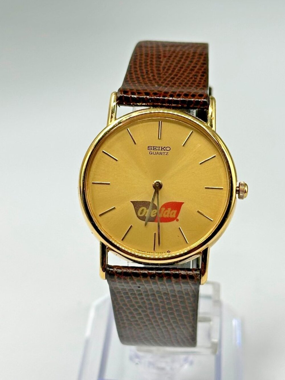 Vintage Seiko Watch Men Gold Tone Ore Ida Logo Brown Leather Band New Battery - Picture 2 of 12